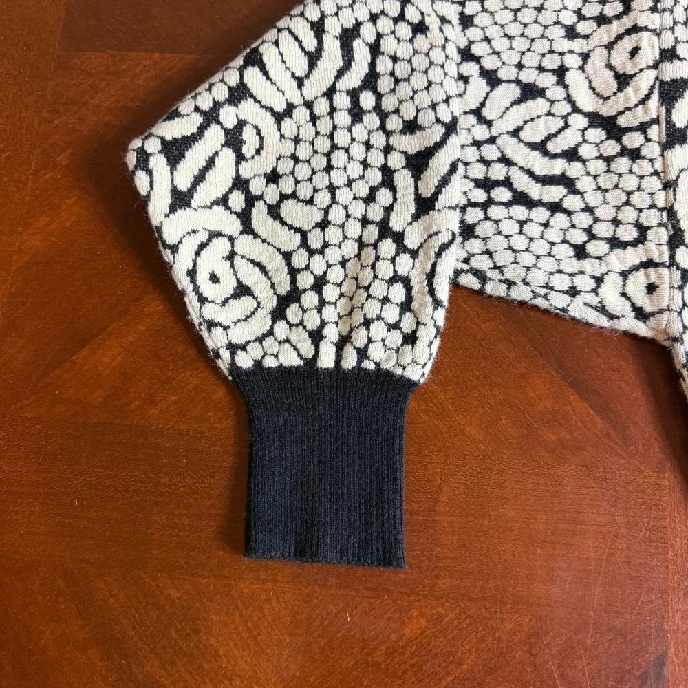 Vintage 80s Ossi Wool‎ Blend Sweater M Abstract Knit Mock Neck Black White read